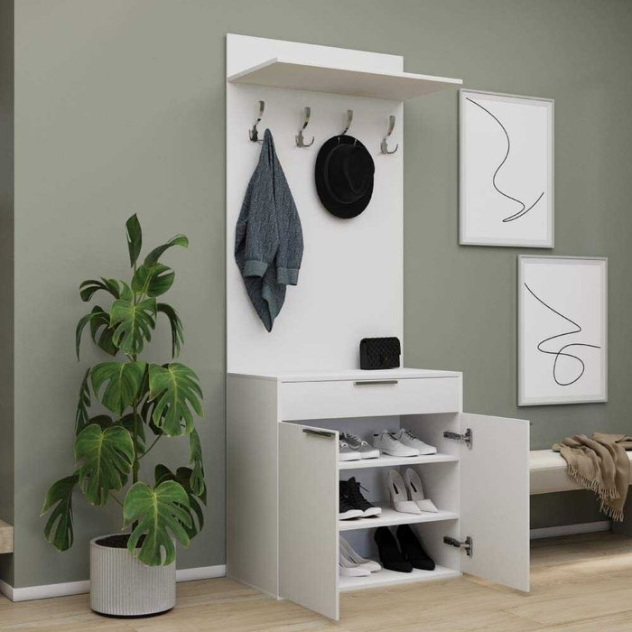 Hanah Home Soporte de Pasillo Blanco con Cajón y Estantes Hanah Home Soporte de Pasillo Blanco con Cajón y Estantes